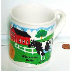 Wisconsin Dells Coffee Mug Tea Cup Farm Country Ceramic Dairy Cows Red Barn!